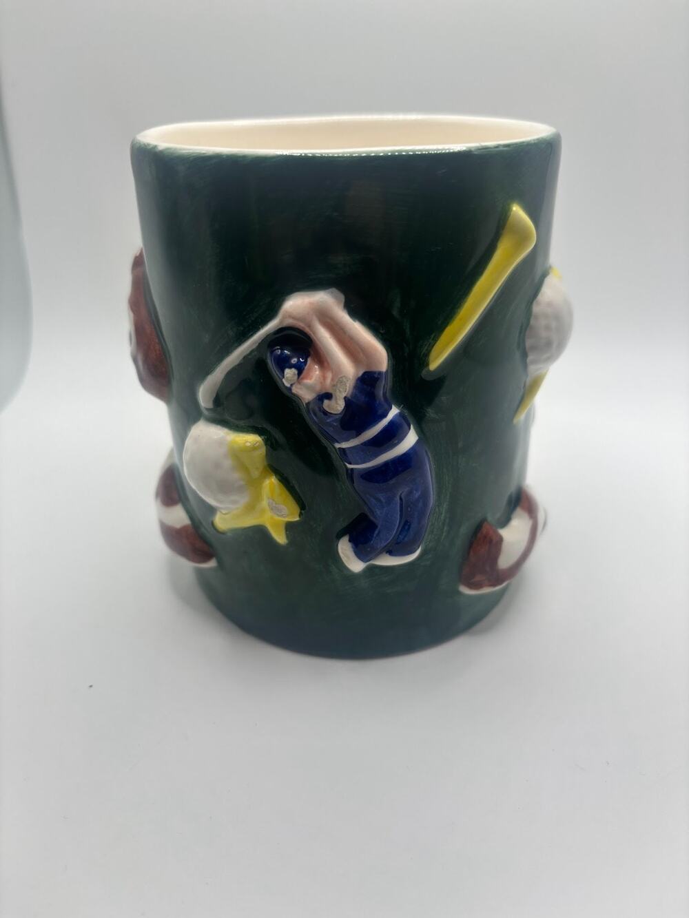 Vintage Golf Mug Cup Swank 1993 3D raised golf clubs shoe bag tee Kitschy 1990s
